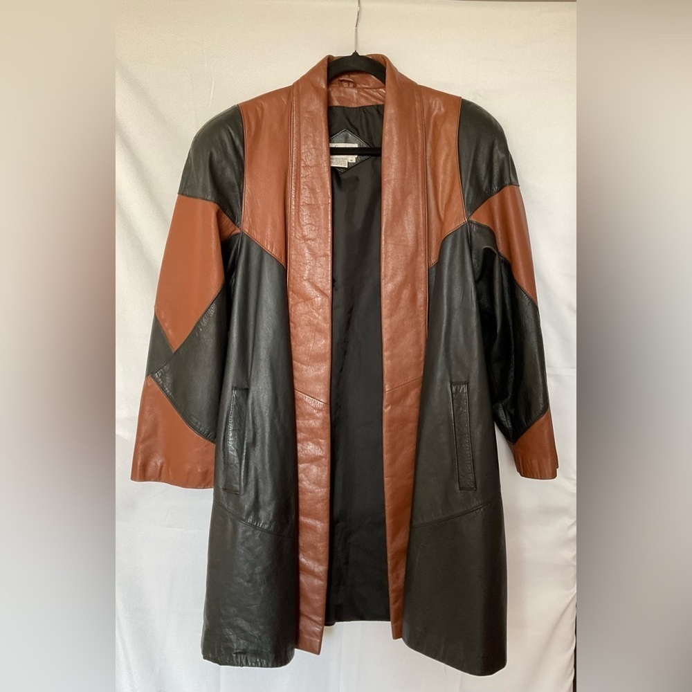 Vintage-Inspired Black & Brown Two-Tone Leather Coat